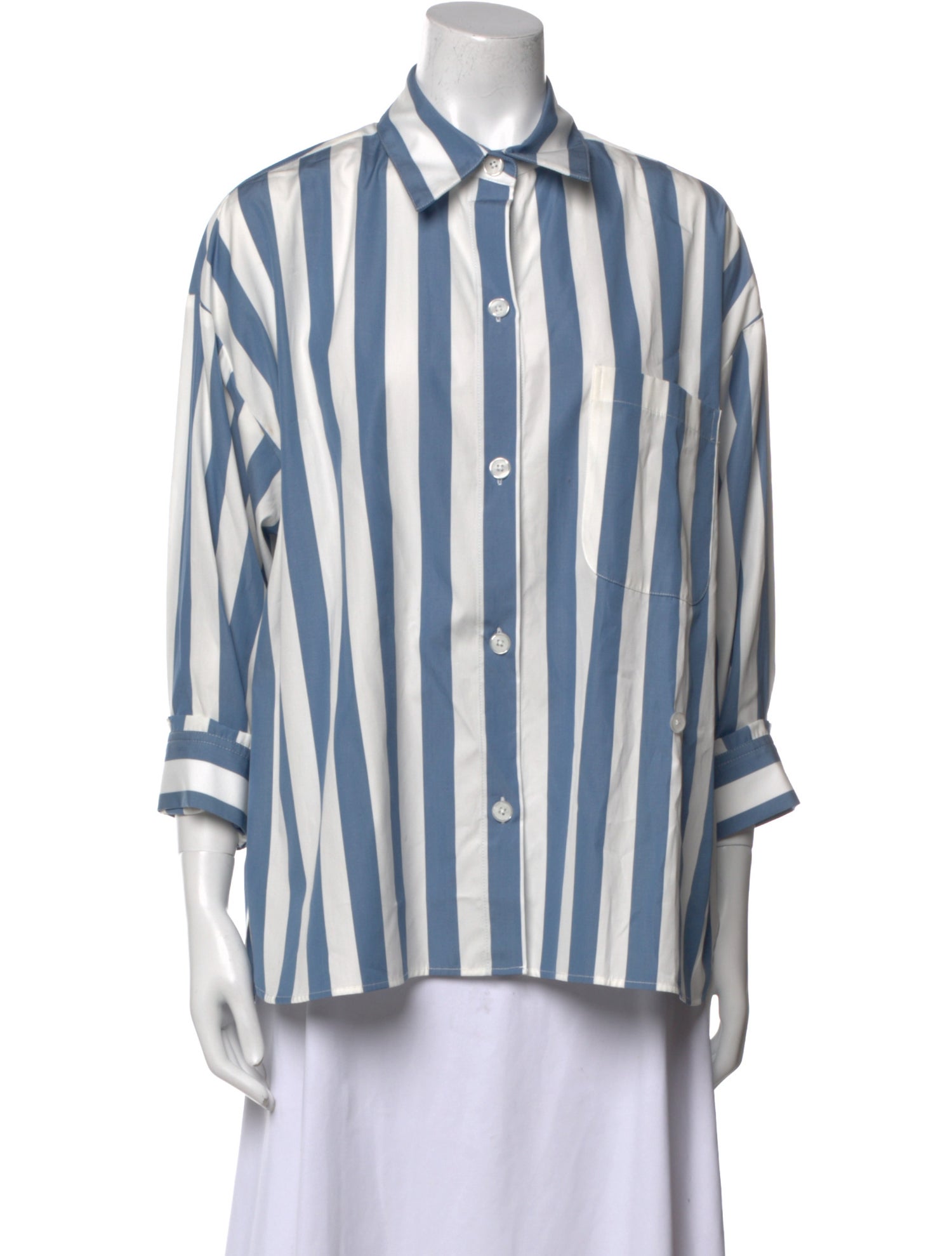 TWP Striped Three-Quarter Sleeve Button-Up Top