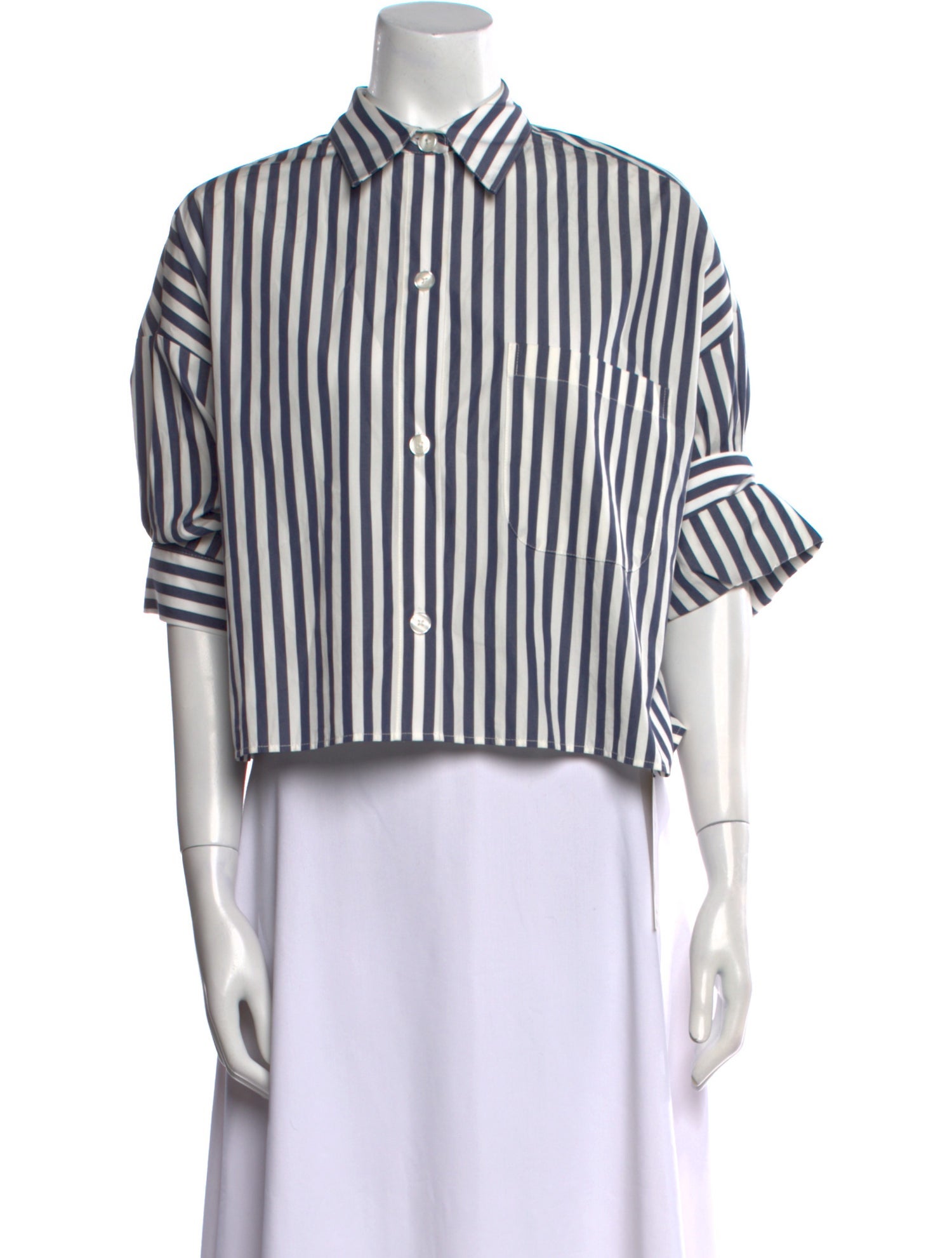TWP Striped Three-Quarter Sleeve Button-Up Top