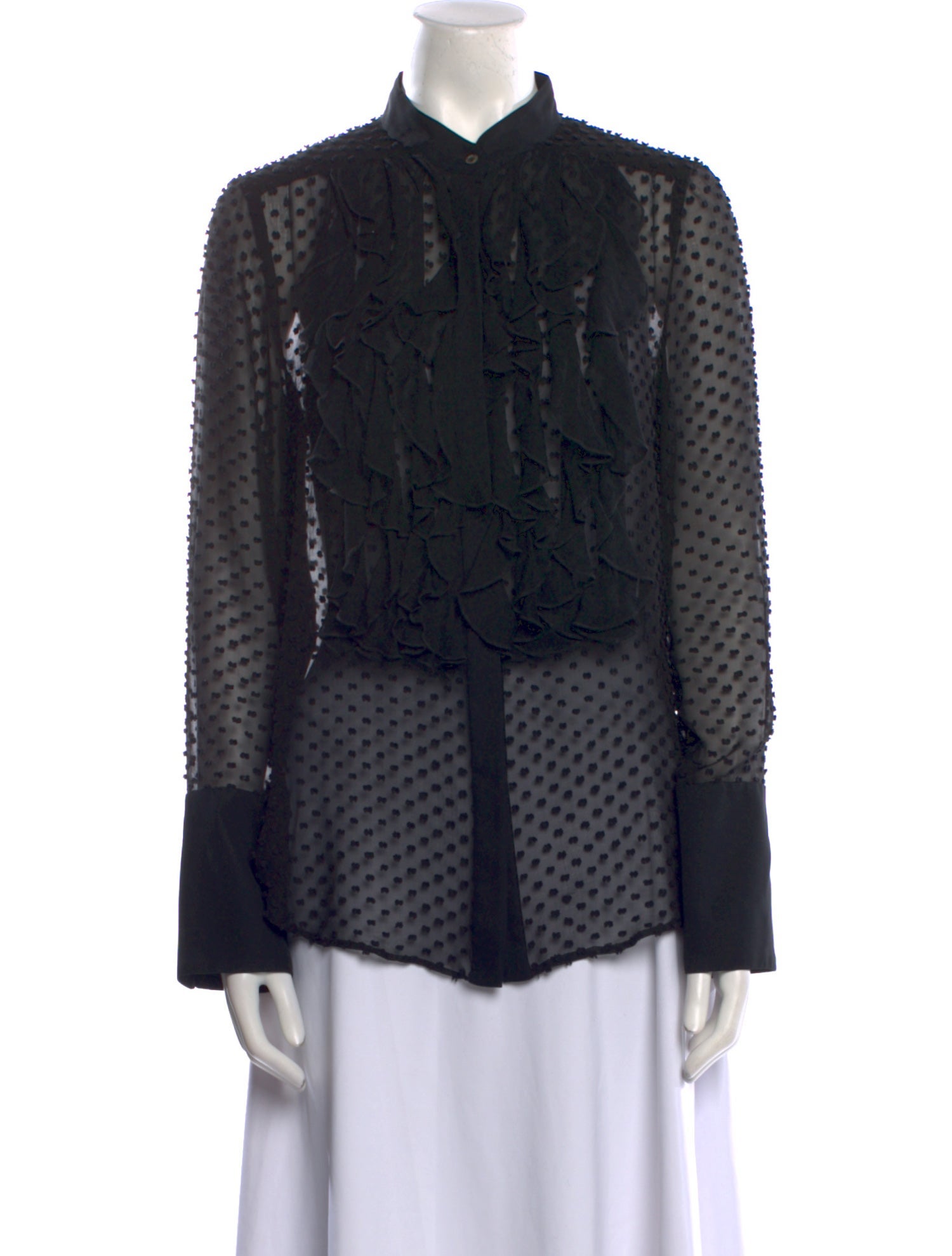 TWP Polka Dot Print Mock Neck Button-Up Top