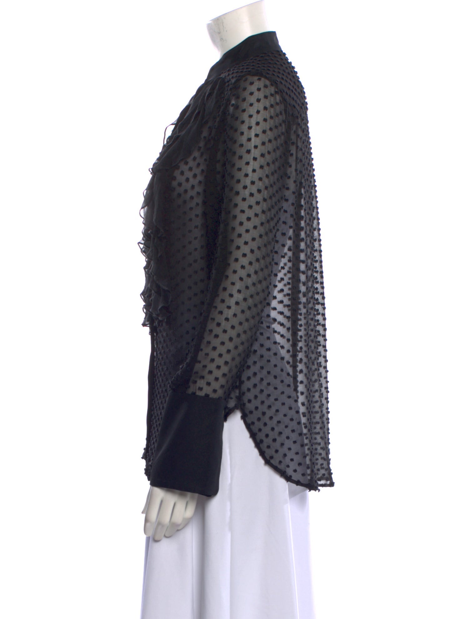 TWP Polka Dot Print Mock Neck Button-Up Top