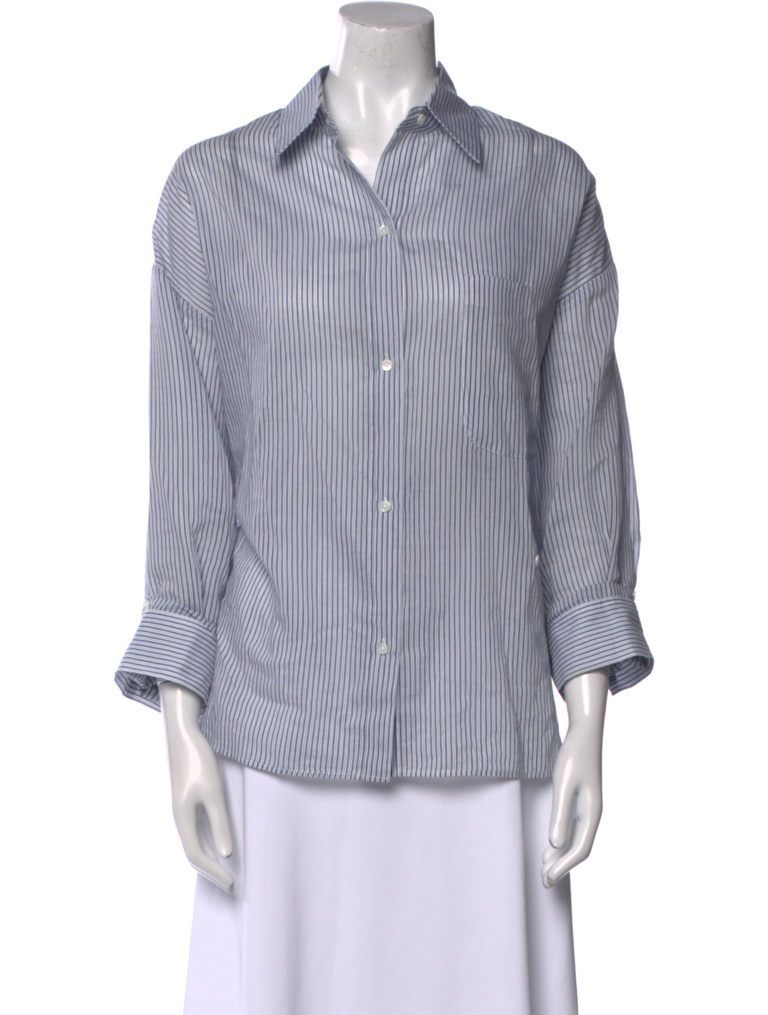 TWP Striped Three-Quarter Sleeve Button-Up Top