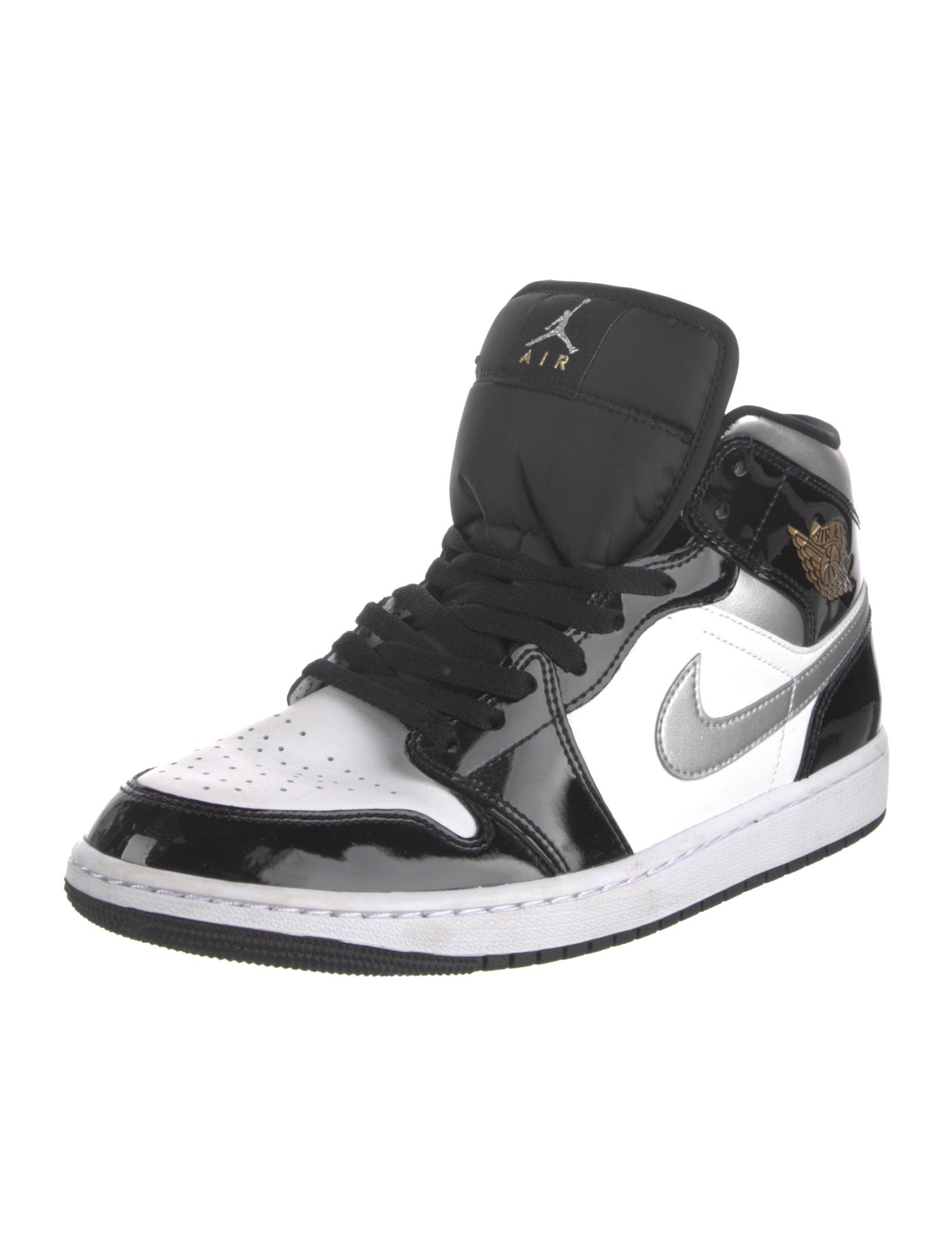 Nike Jordan 1 Mid SE Patent Black White Metallic Silver Metallic Gold Sneakers