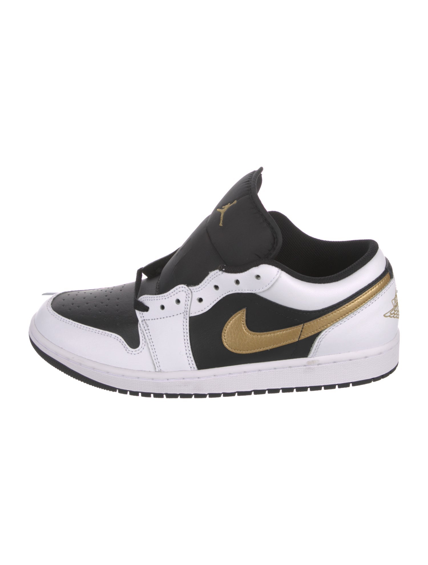 Jordan Jordan 1 Low White Black Metallic Gold Swoosh Athletic Sneakers