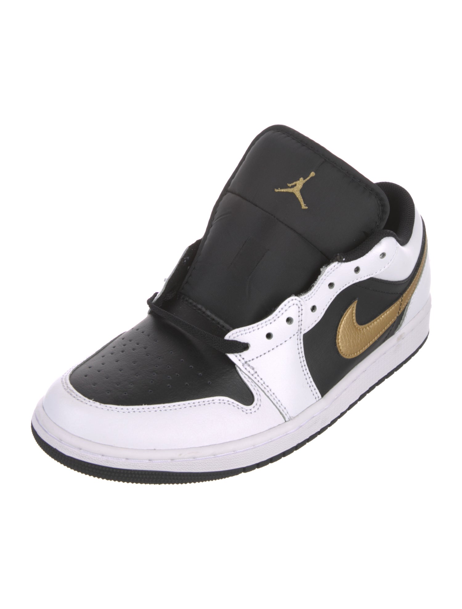 Jordan Jordan 1 Low White Black Metallic Gold Swoosh Athletic Sneakers