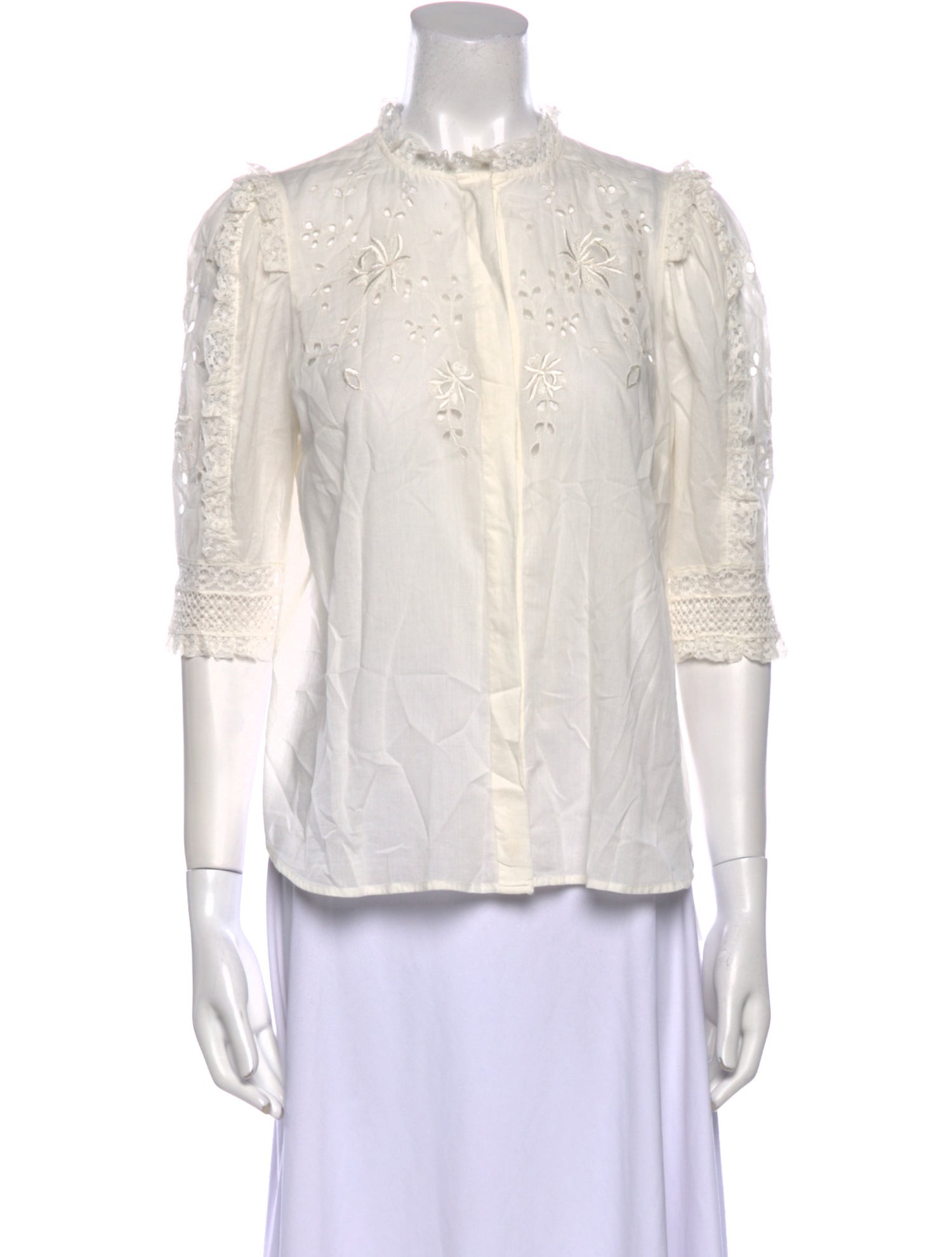 Ulla Johnson Mock Neck Three-Quarter Sleeve Button-Up Top