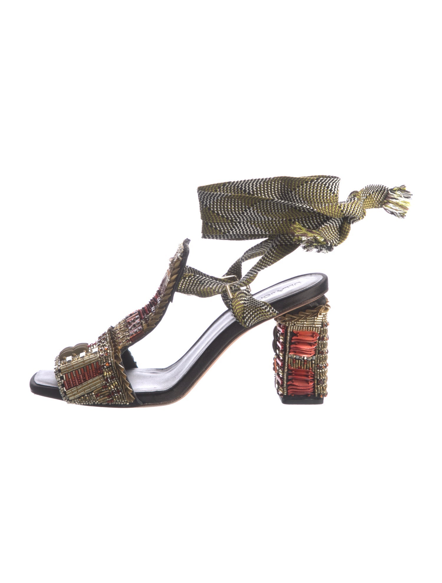 Ulla Johnson Printed Beaded Accents T-Strap Sandals
