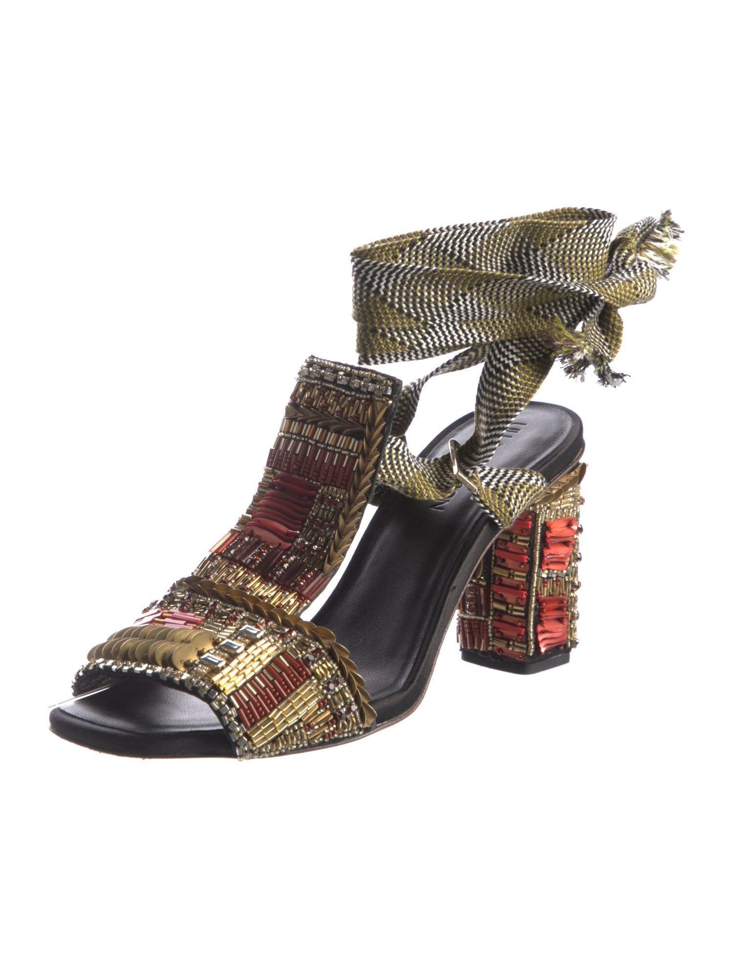 Ulla Johnson Printed Beaded Accents T-Strap Sandals