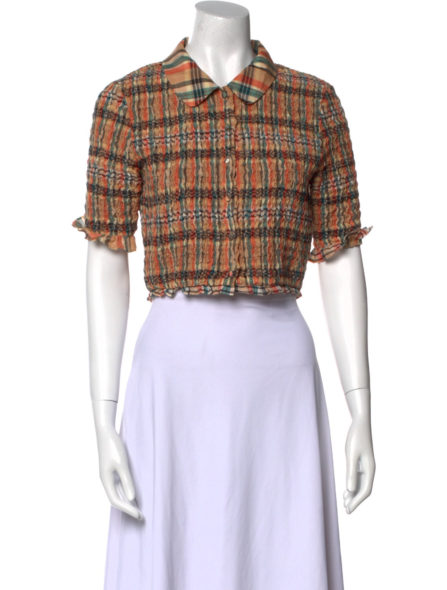 Ulla Johnson Plaid Print Short Sleeve Crop Top