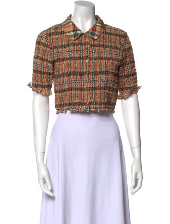 Ulla Johnson Plaid Print Short Sleeve Crop Top