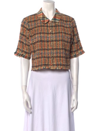 Ulla Johnson Plaid Print Short Sleeve Crop Top