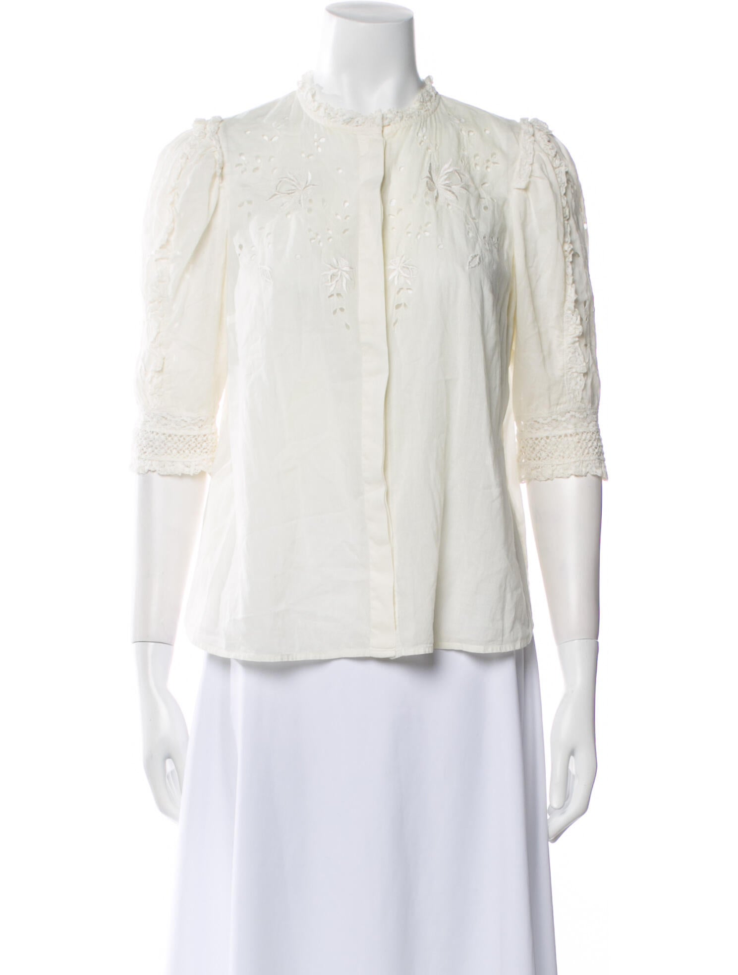 Ulla Johnson Mock Neck Three-Quarter Sleeve Button-Up Top