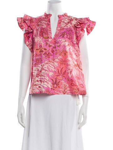 Pre-owned Ulla Johnson Floral Print V-neck Blouse W/ Tags In Red