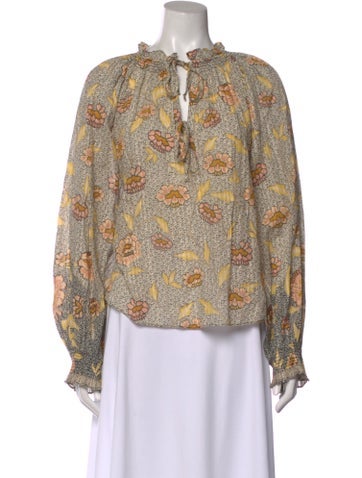 Pre-owned Ulla Johnson Floral Print Tie Neck Blouse In Neutral