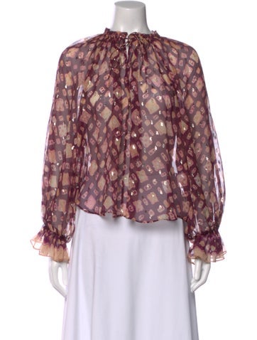 Pre-owned Ulla Johnson Linen Printed Blouse In Burgundy