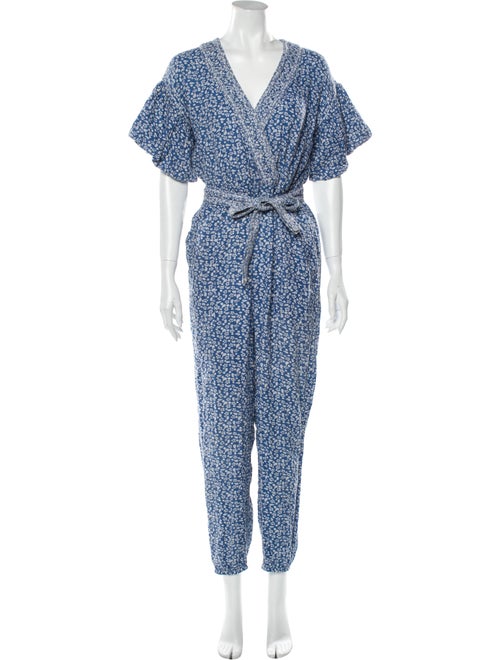 Ulla Johnson Floral Print V-Neck Jumpsuit Blue