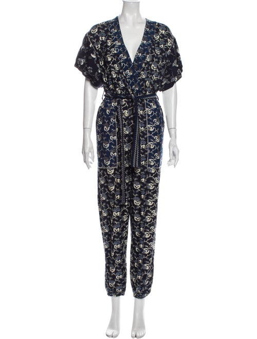 Ulla Johnson Floral Print V-Neck Jumpsuit Blue