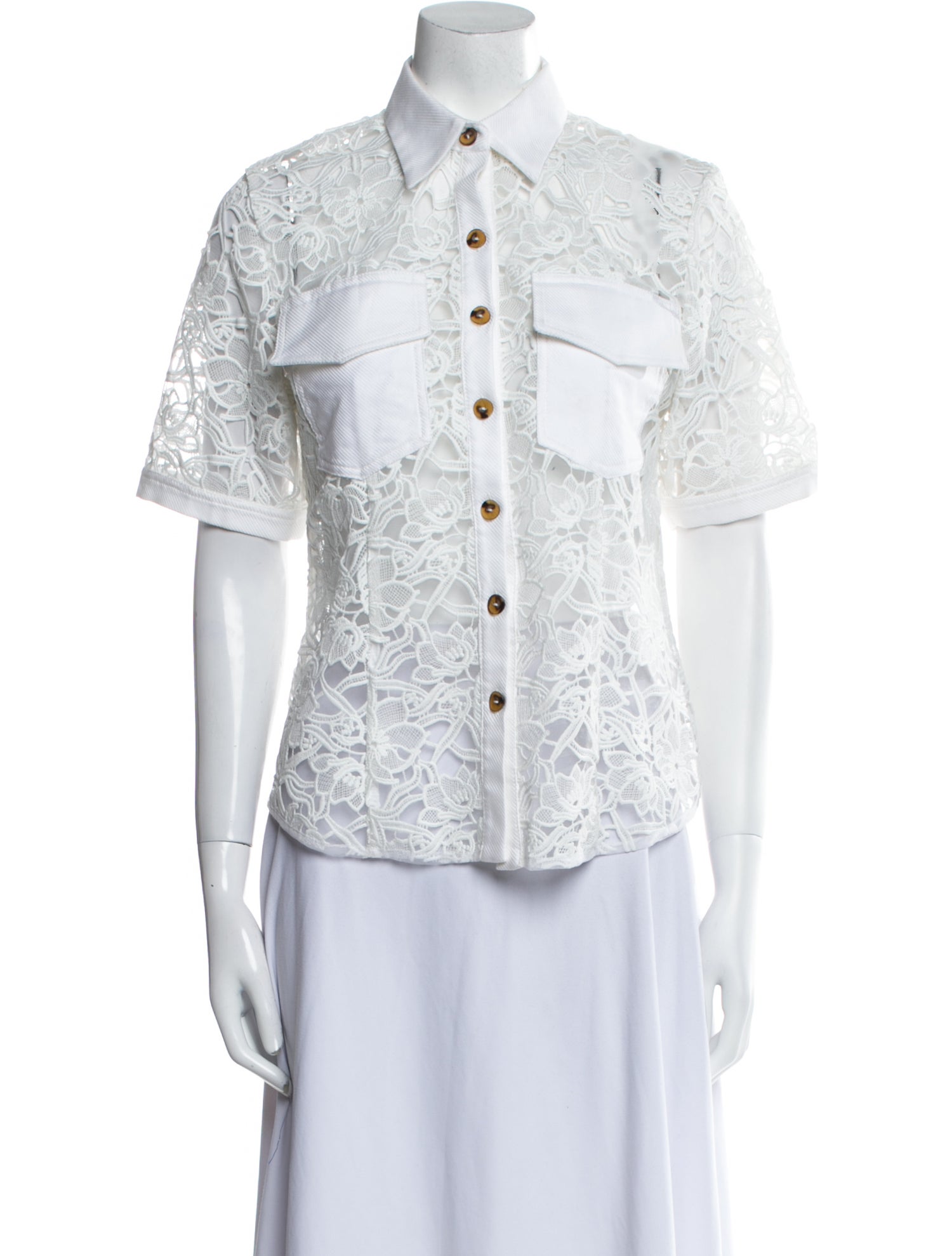 UnitedWood Lace Pattern Short Sleeve Button-Up Top