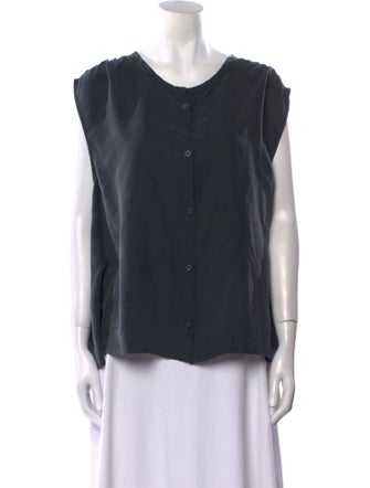 unsubscribed Silk Scoop Neck Button-Up Top