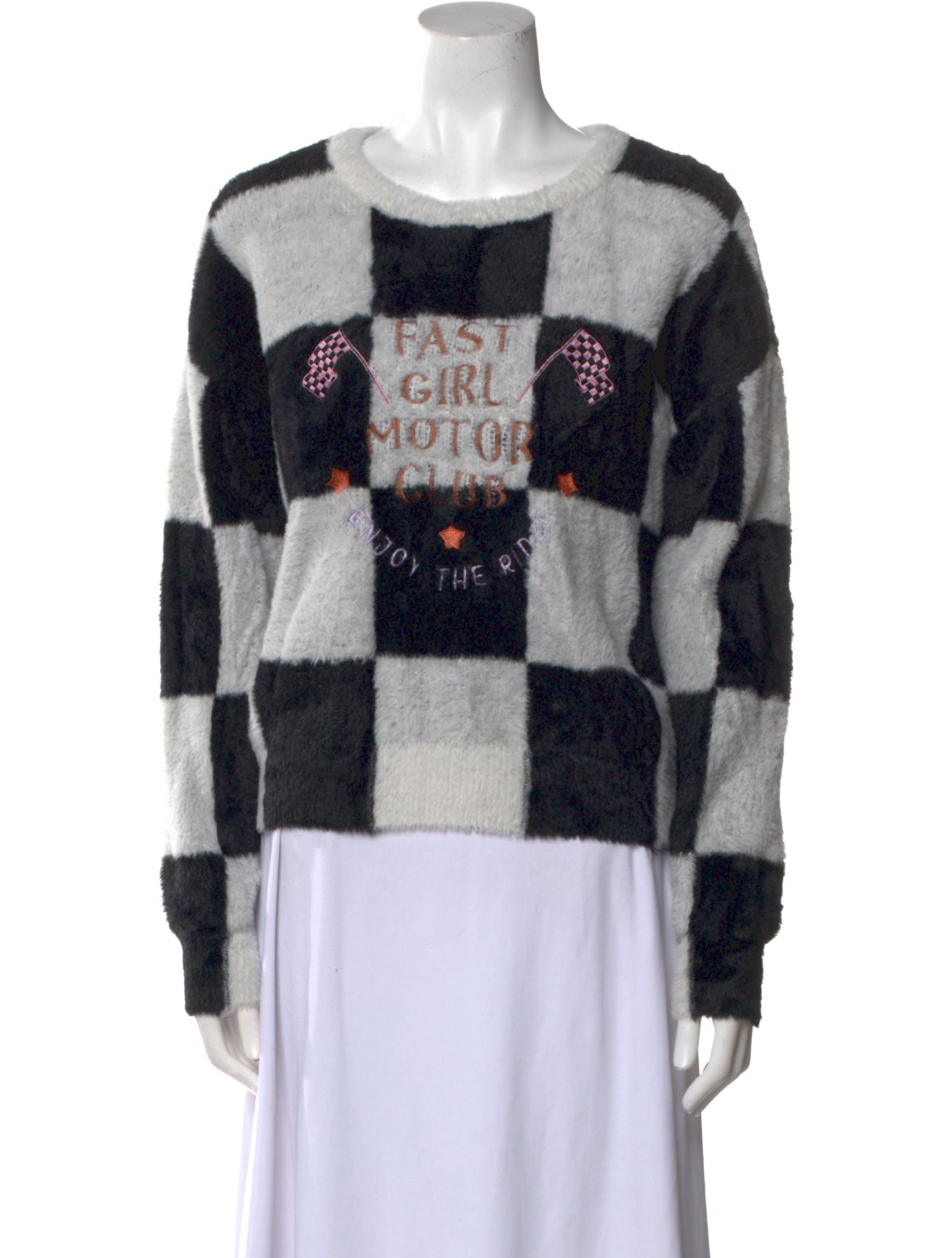 Understated Leather Plaid Print Scoop Neck Sweater