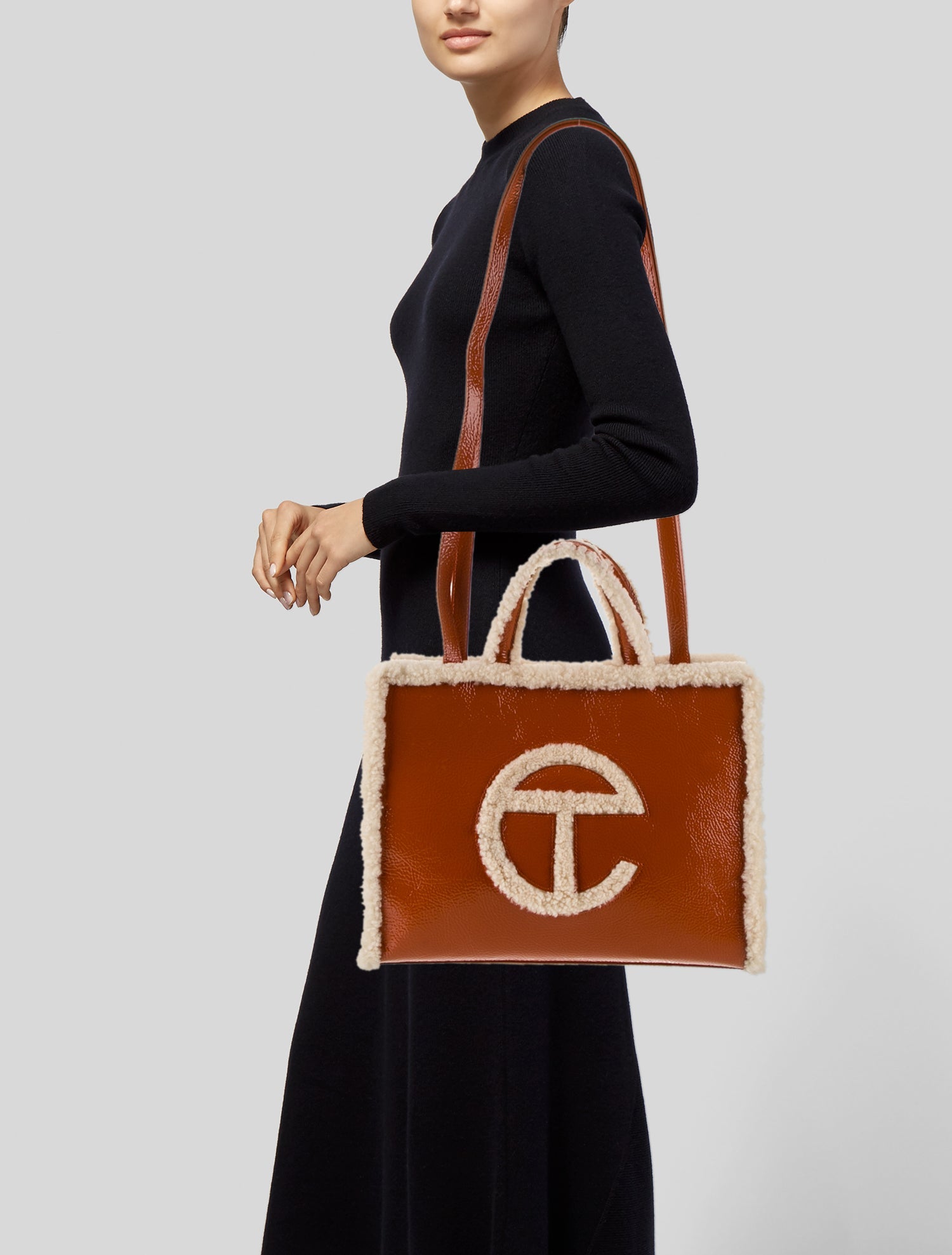 UGG x Telfar Patent Leather Orange Crinkle Shopping Bag Medium