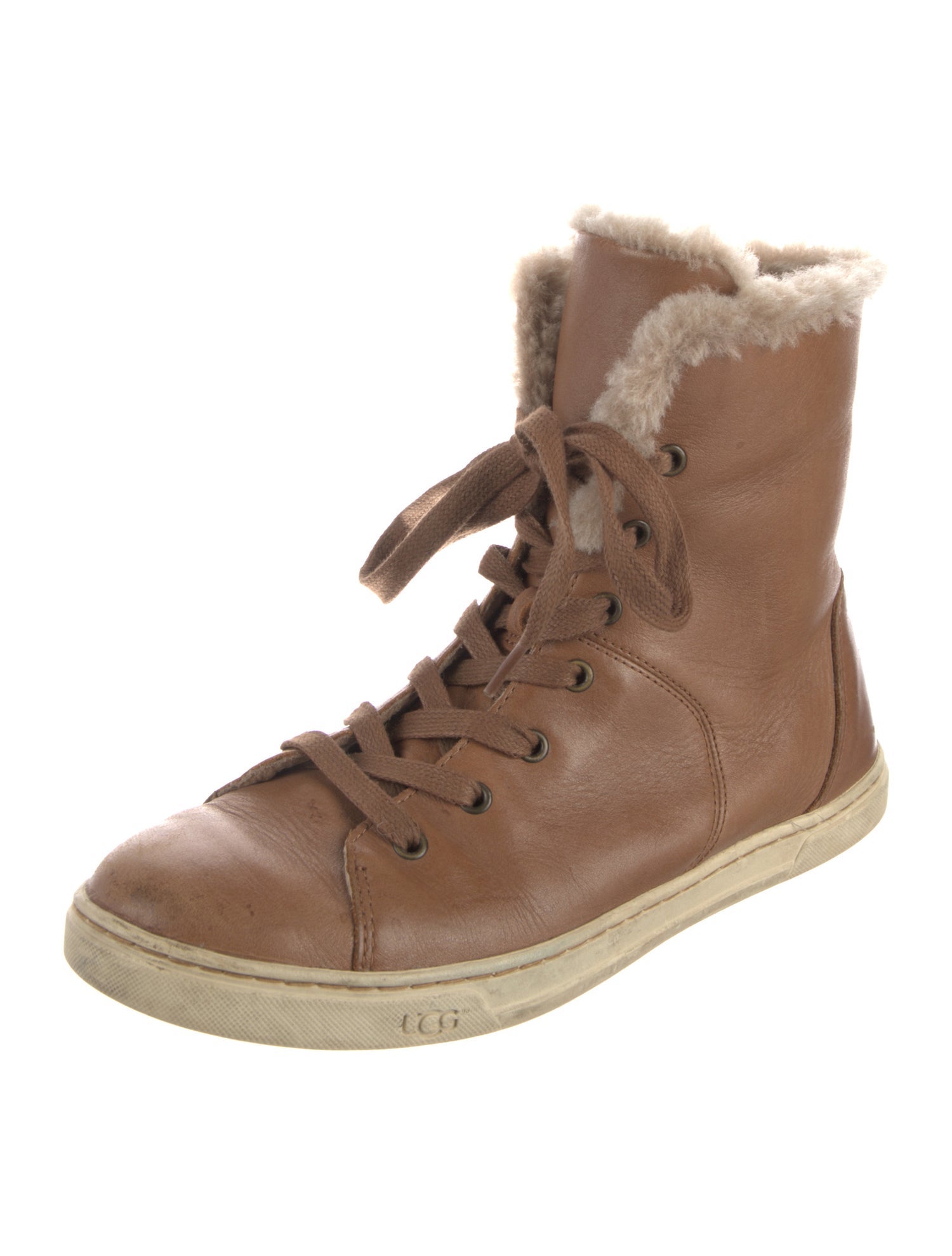 UGG Leather Fur Trim Lace-Up Boots