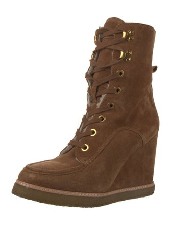 Veronica Beard Suede Fur Trim Lace-Up Boots