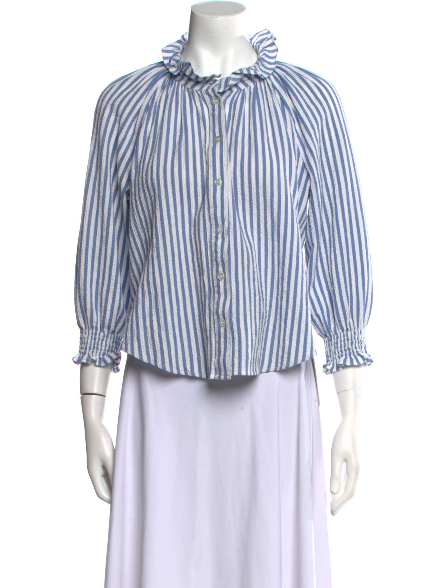 Veronica Beard Striped Mock Neck Button-Up Top