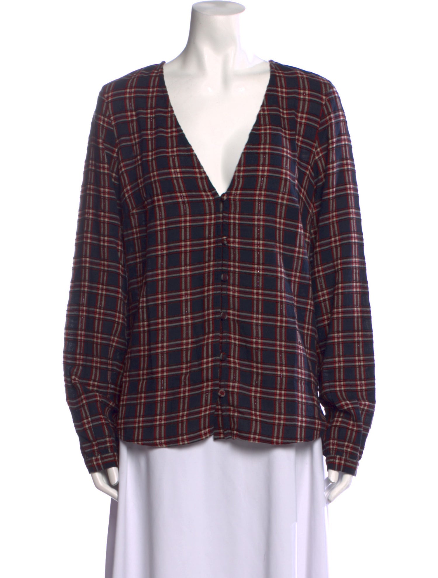 Veronica Beard Plaid Print V-Neck Button-Up Top w/ Tags