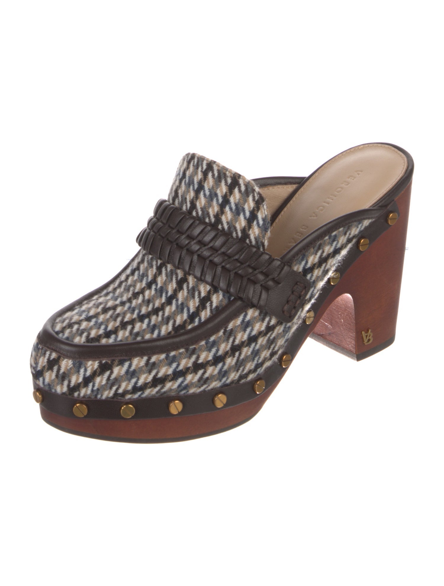 Veronica Beard Houndstooth Print Studded Accents Mules
