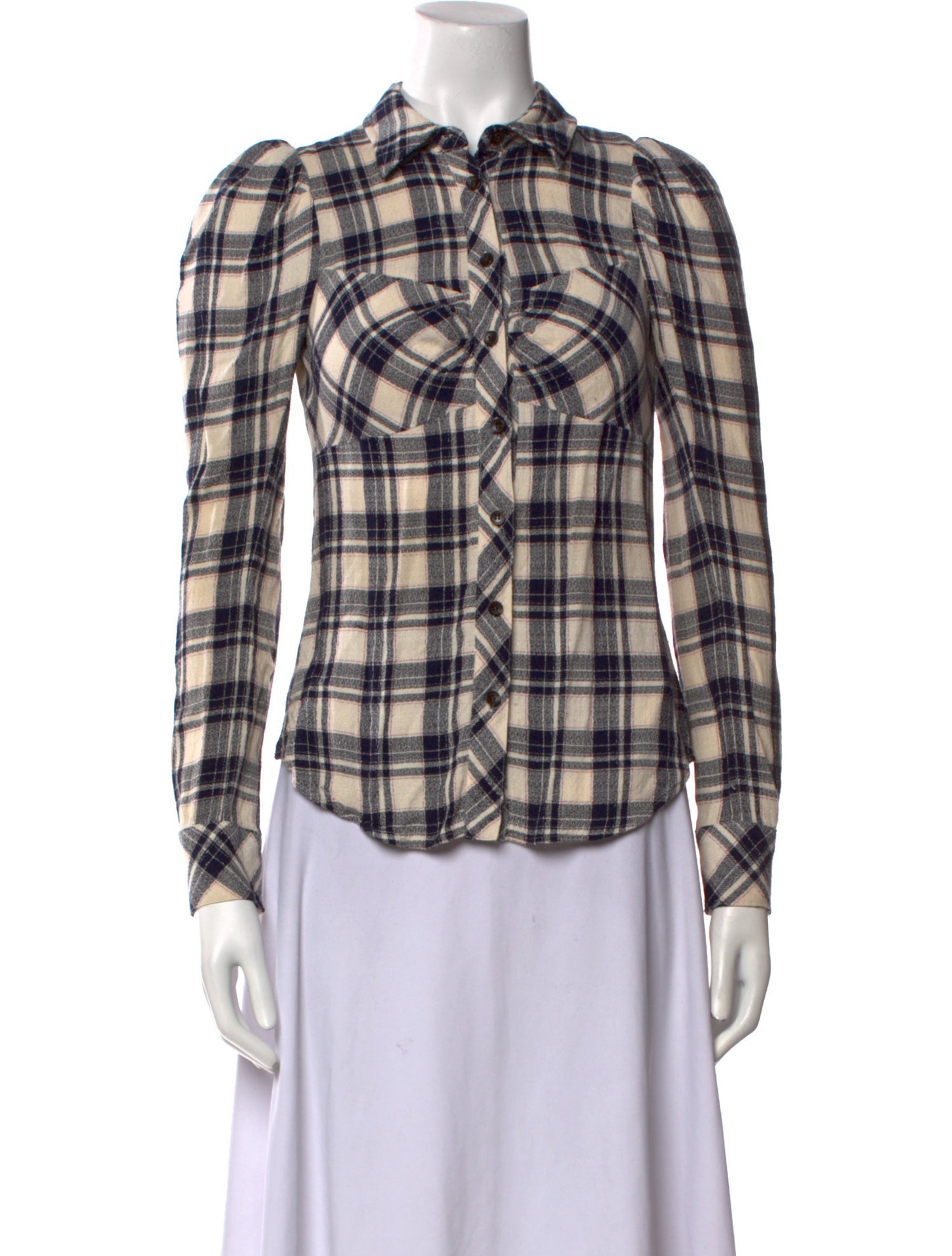 Veronica Beard Plaid Print Long Sleeve Button-Up Top