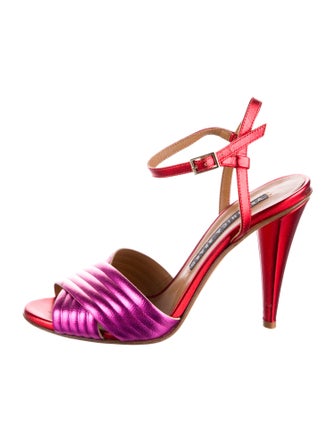 Veronica Beard Leather Colorblock Pattern T-Strap Sandals