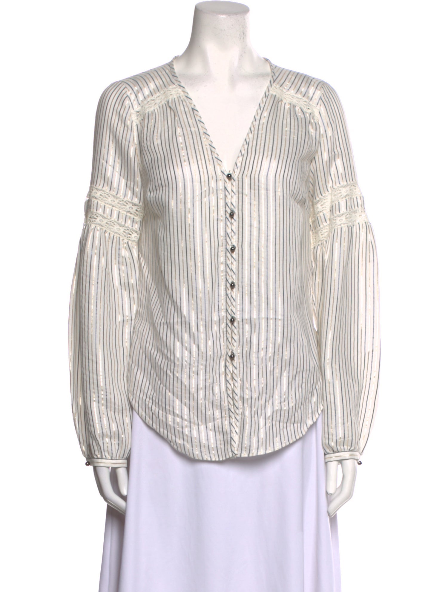 Veronica Beard Striped V-Neck Button-Up Top