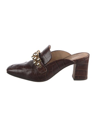 Veronica Beard Embossed Leather Chain-Link Accents Mules