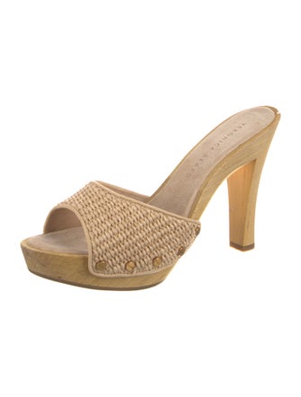 Veronica Beard Straw Leather Trim Embellishment Slides