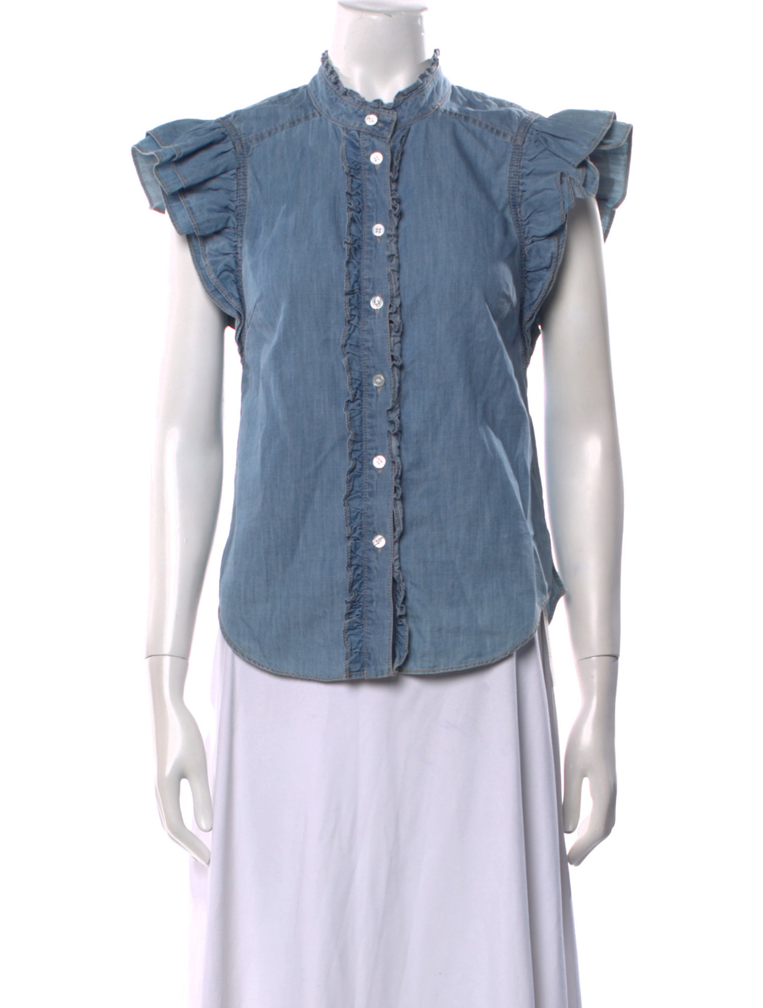 Veronica Beard Mock Neck Short Sleeve Button-Up Top