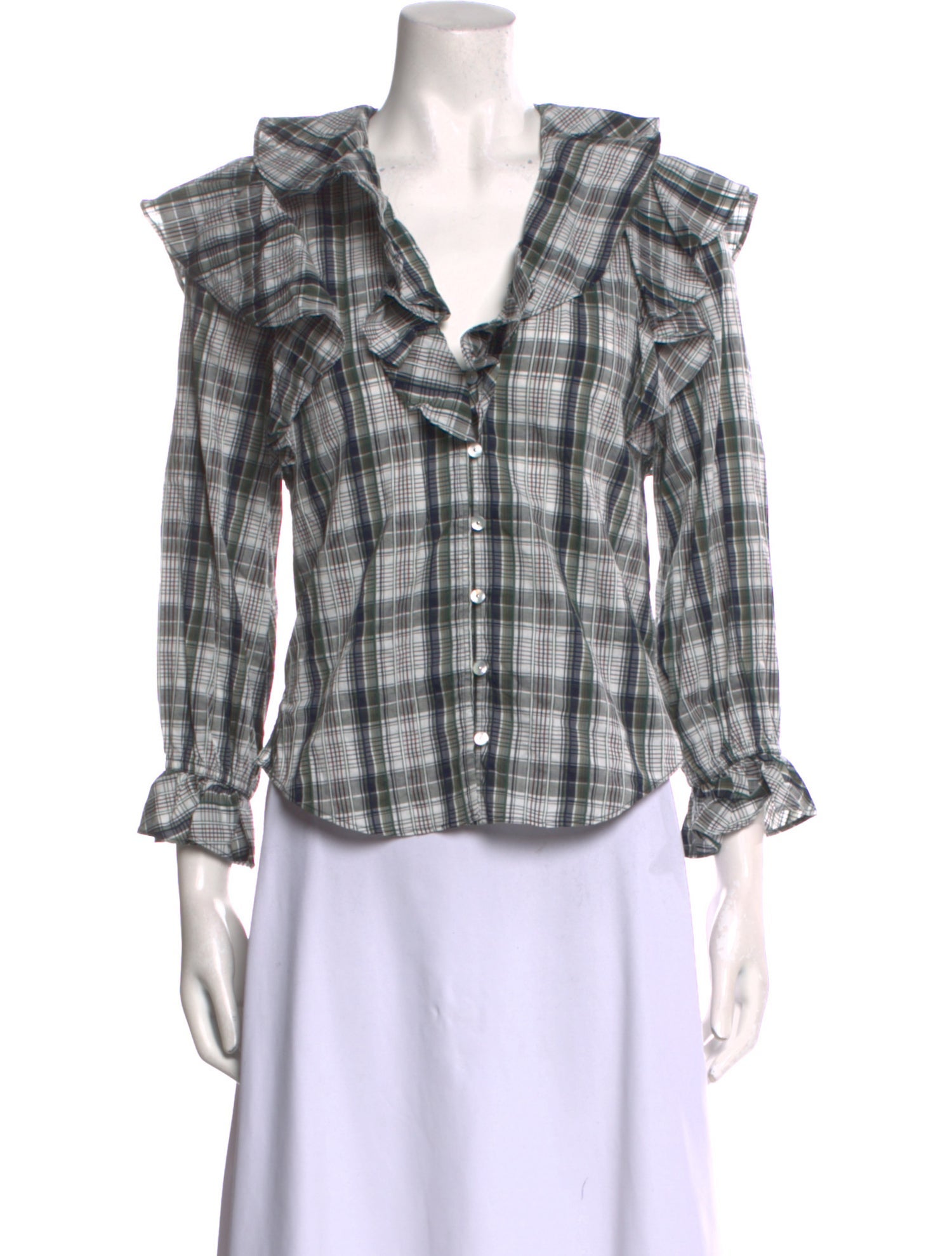 Veronica Beard Plaid Print V-Neck Button-Up Top
