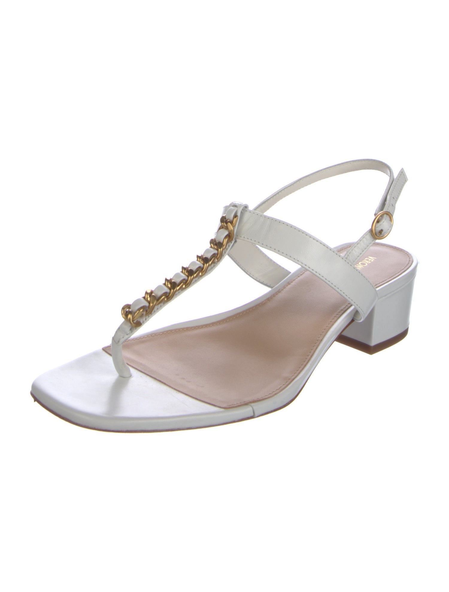 Veronica Beard Leather Chain-Link Accents T-Strap Sandals