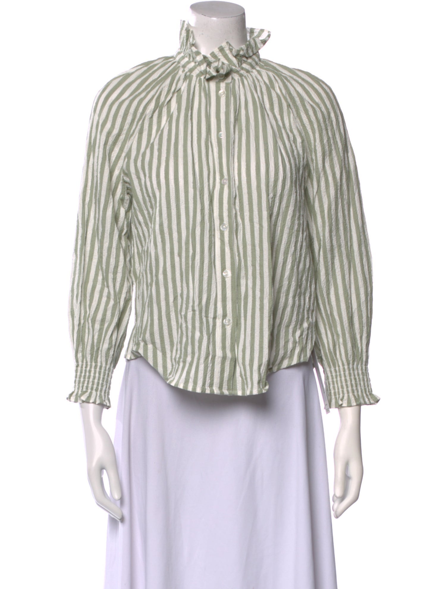 Veronica Beard Striped Mock Neck Button-Up Top