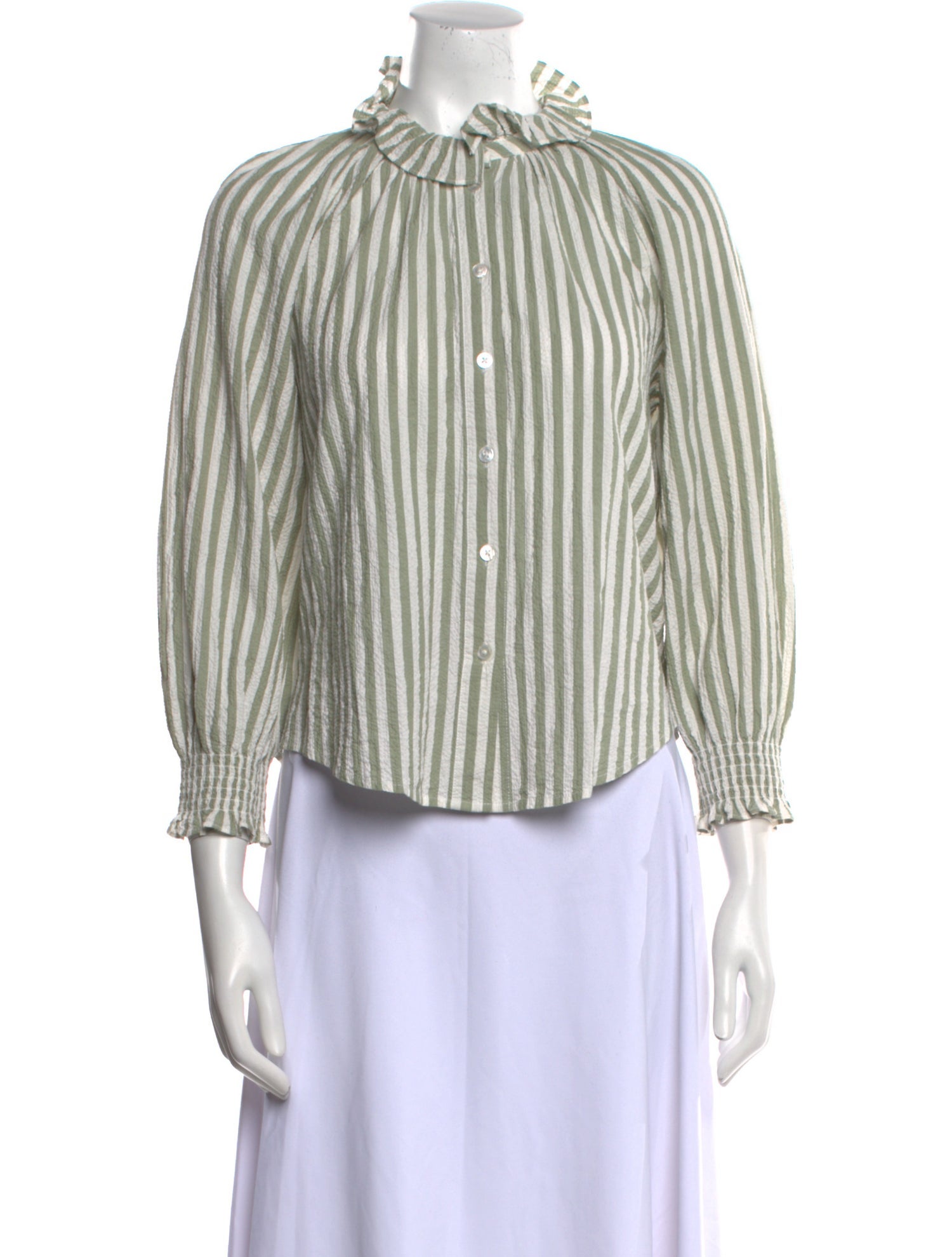 Veronica Beard Striped Mock Neck Button-Up Top