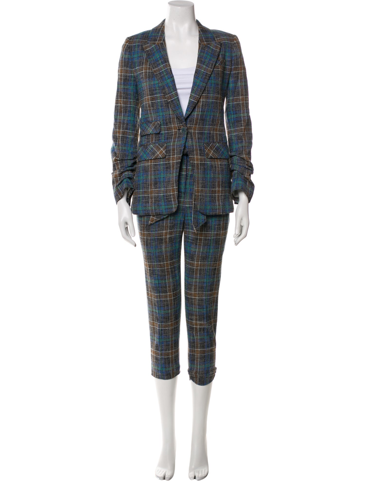 Veronica Beard Plaid Print Pleated Accents Pantsuit
