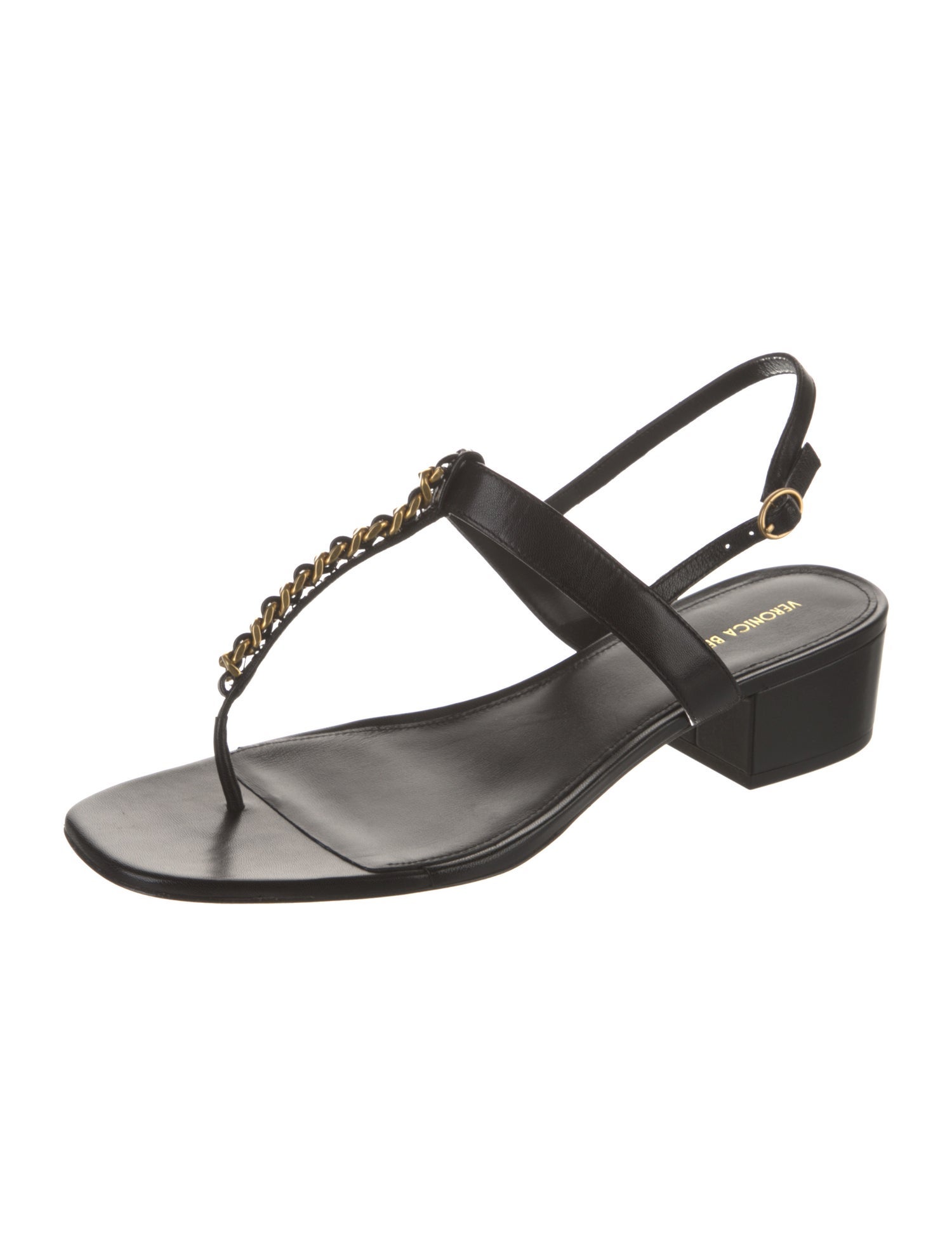 Veronica Beard Leather Chain-Link Accents T-Strap Sandals