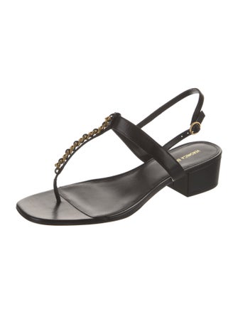 Veronica Beard Leather Chain-Link Accents T-Strap Sandals