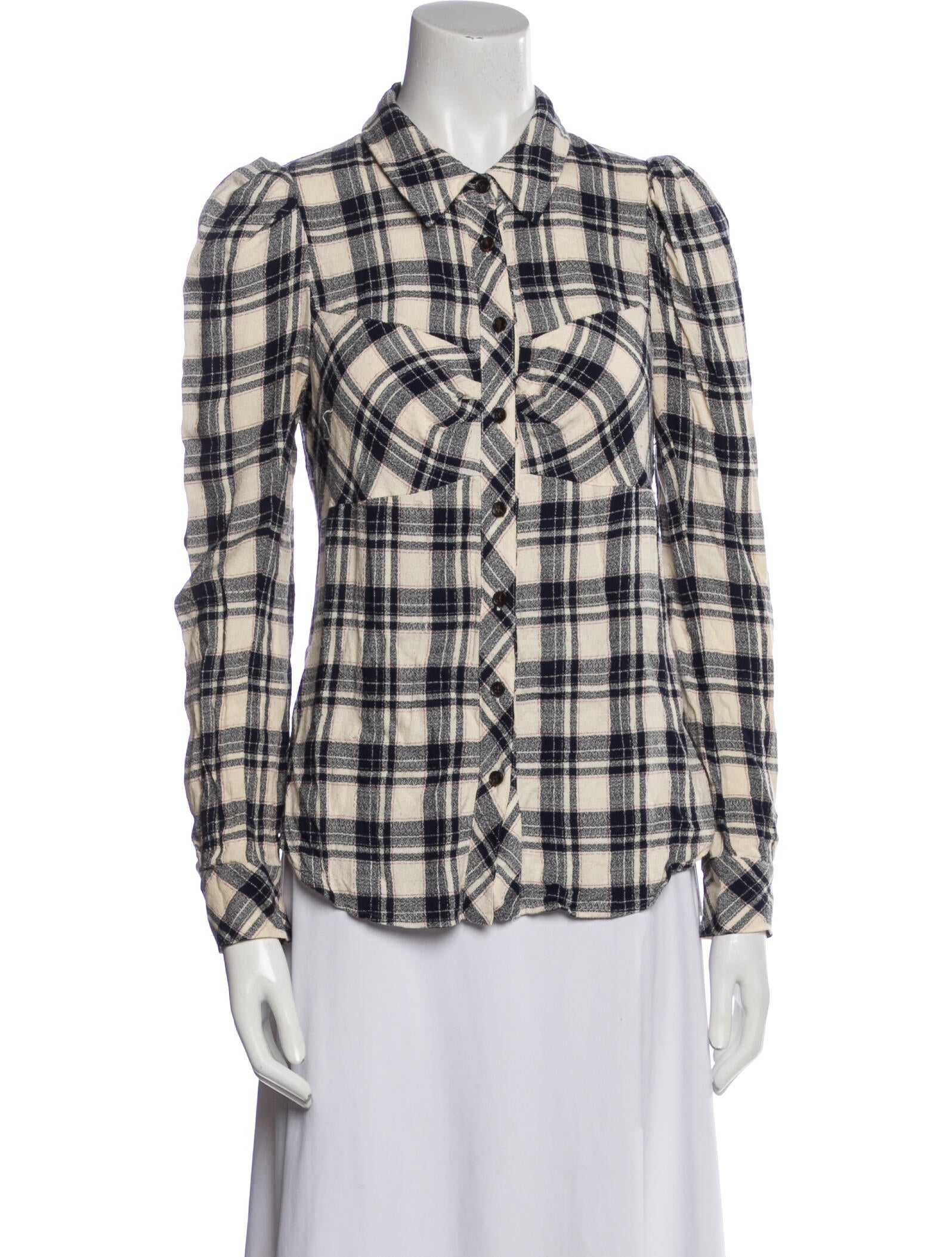 Veronica Beard Plaid Print Long Sleeve Button-Up Top