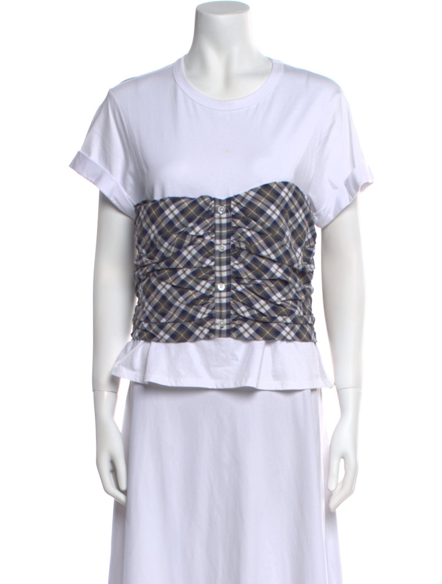 Veronica Beard Plaid Print Crew Neck Crop Top