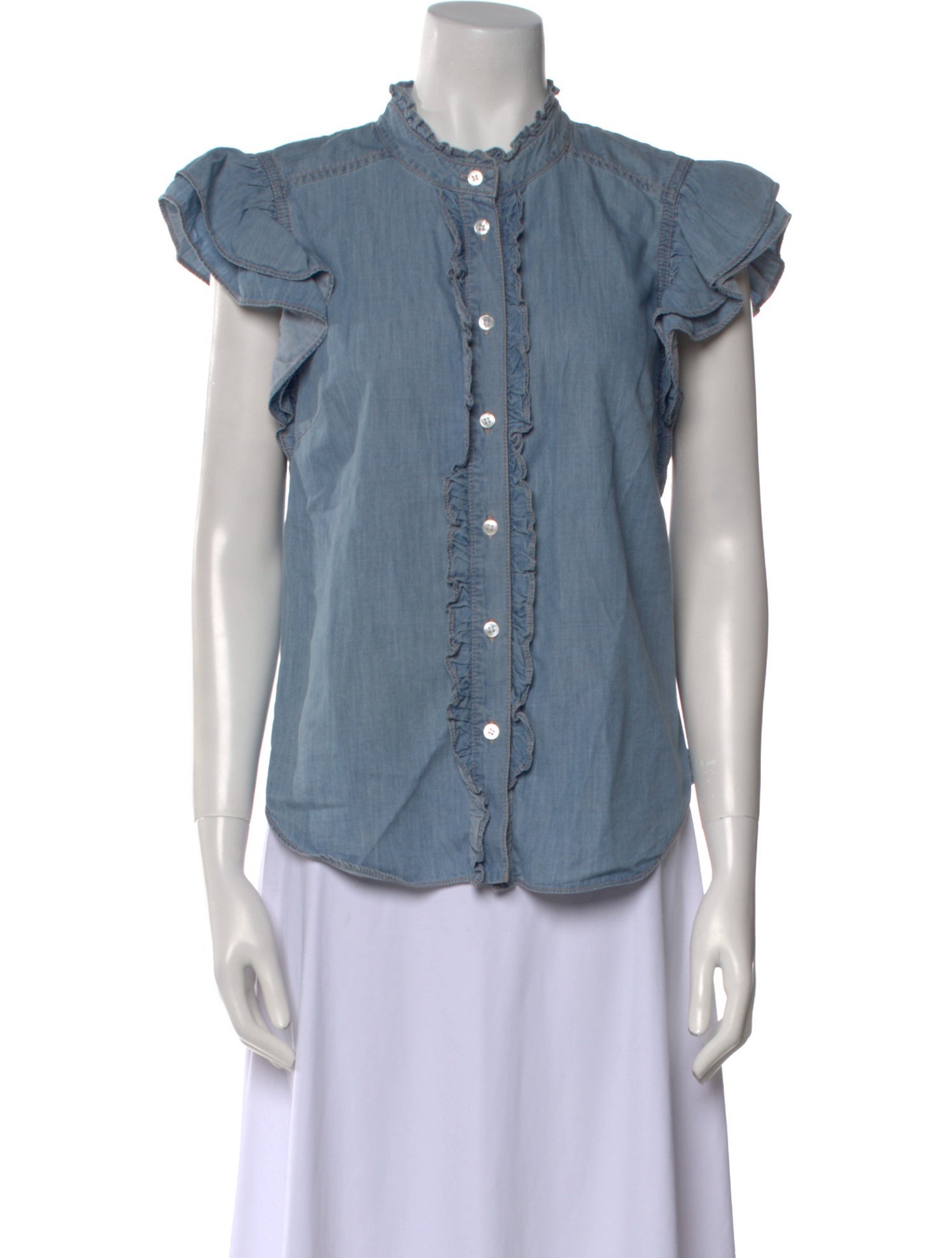 Veronica Beard Mock Neck Short Sleeve Button-Up Top