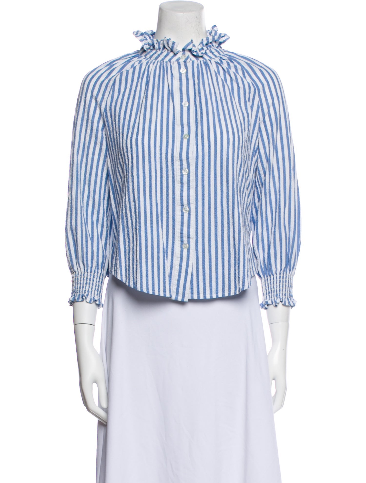 Veronica Beard Striped Mock Neck Button-Up Top