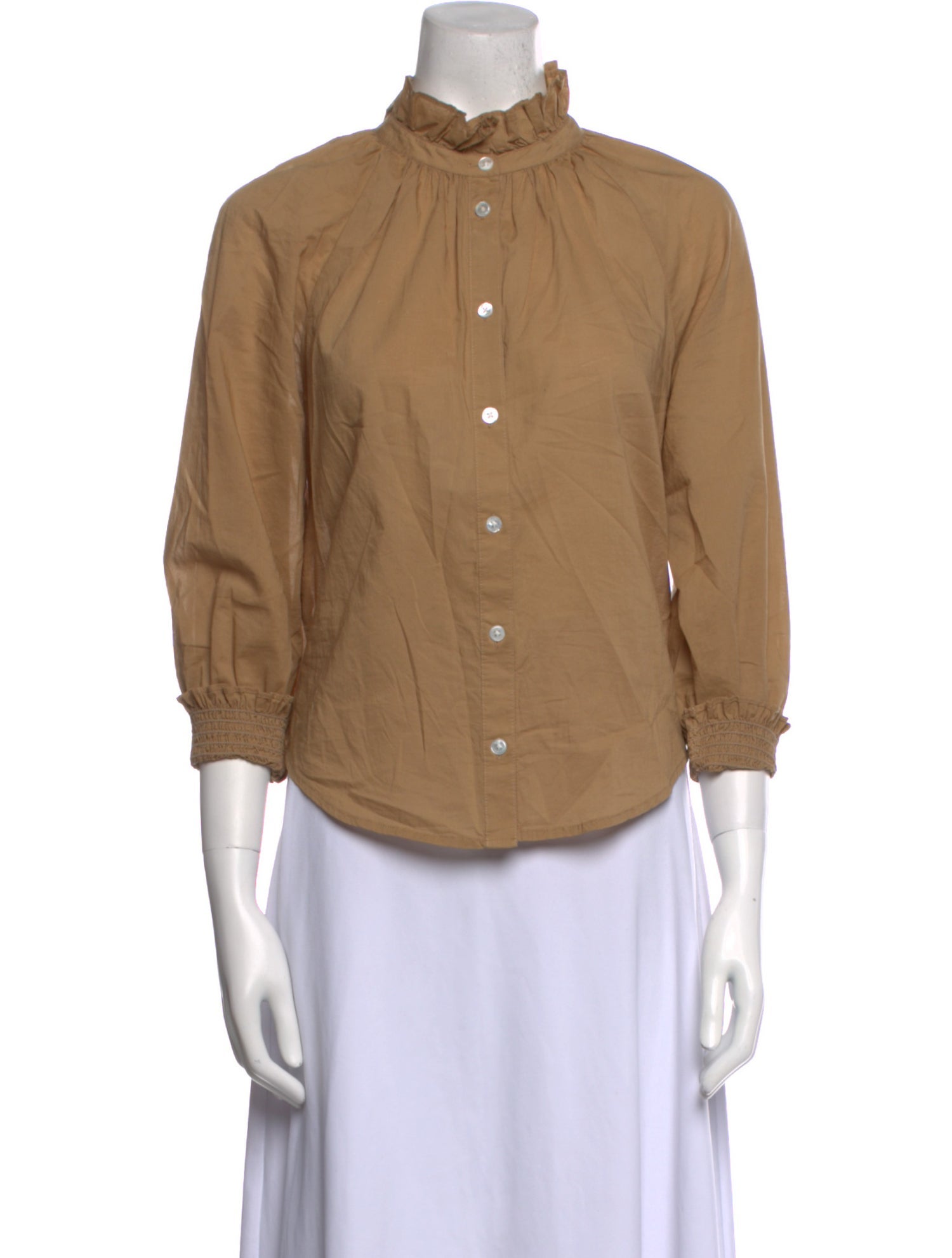 Veronica Beard Mock Neck Three-Quarter Sleeve Button-Up Top
