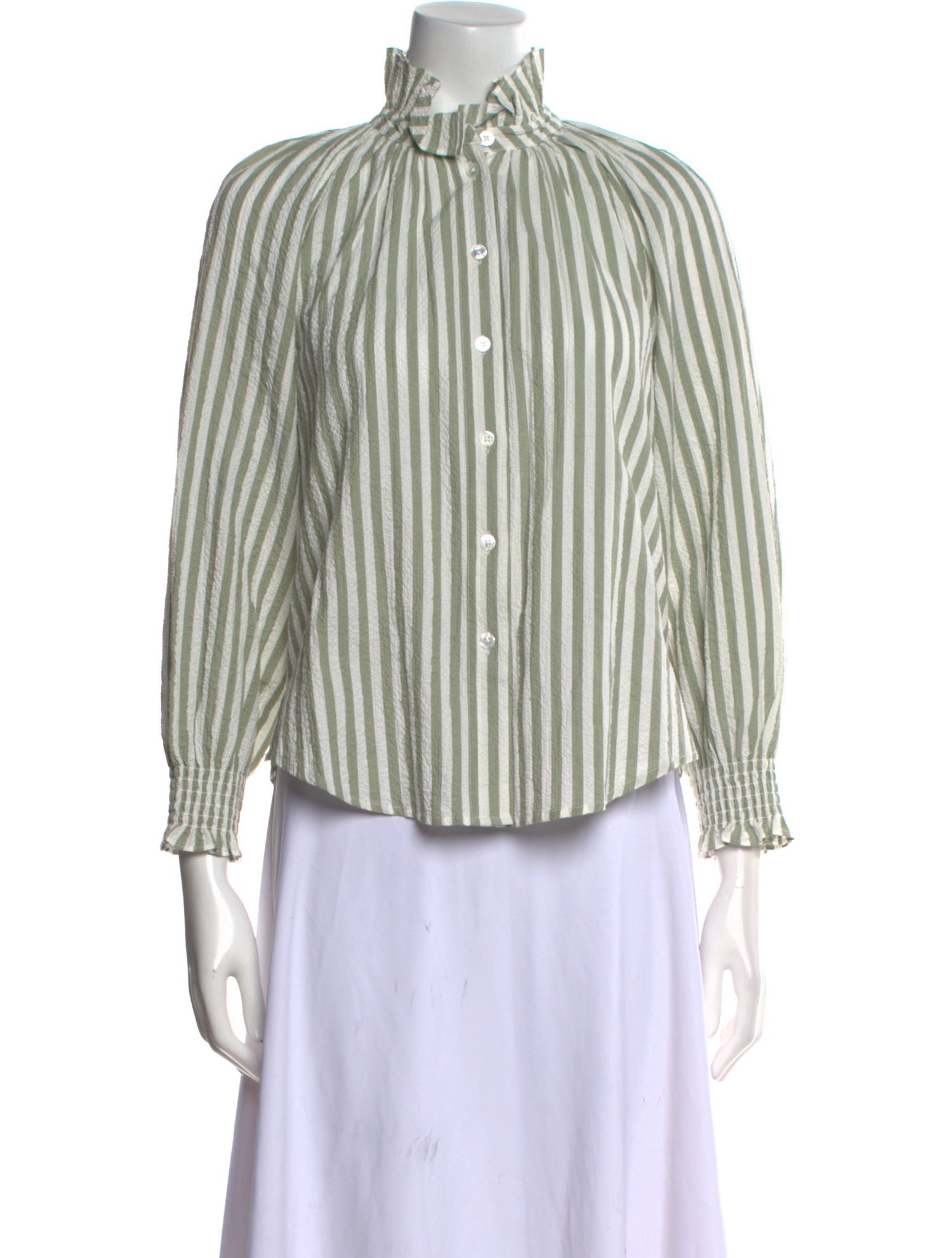 Veronica Beard Striped Mock Neck Button-Up Top