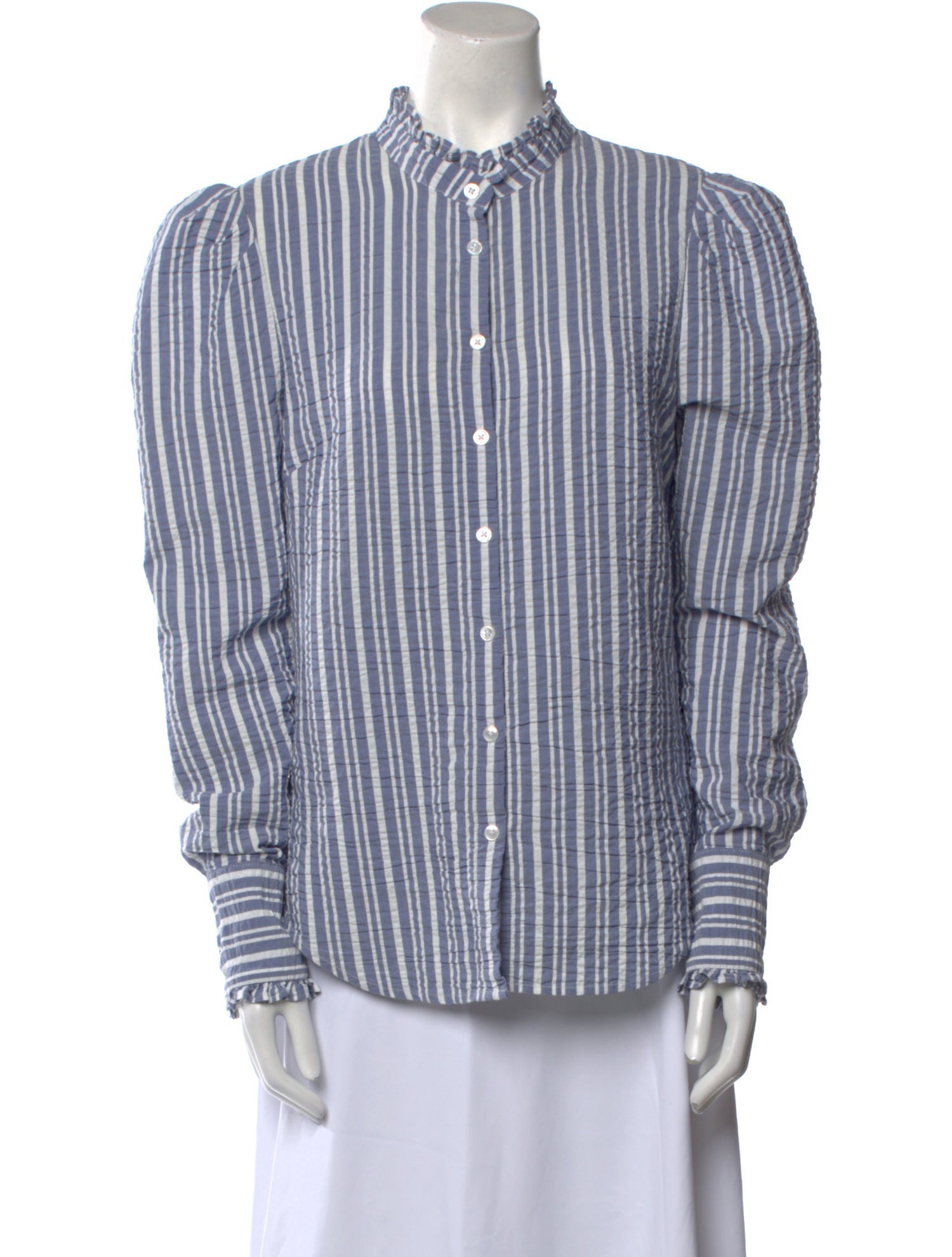 Veronica Beard Striped Mock Neck Button-Up Top