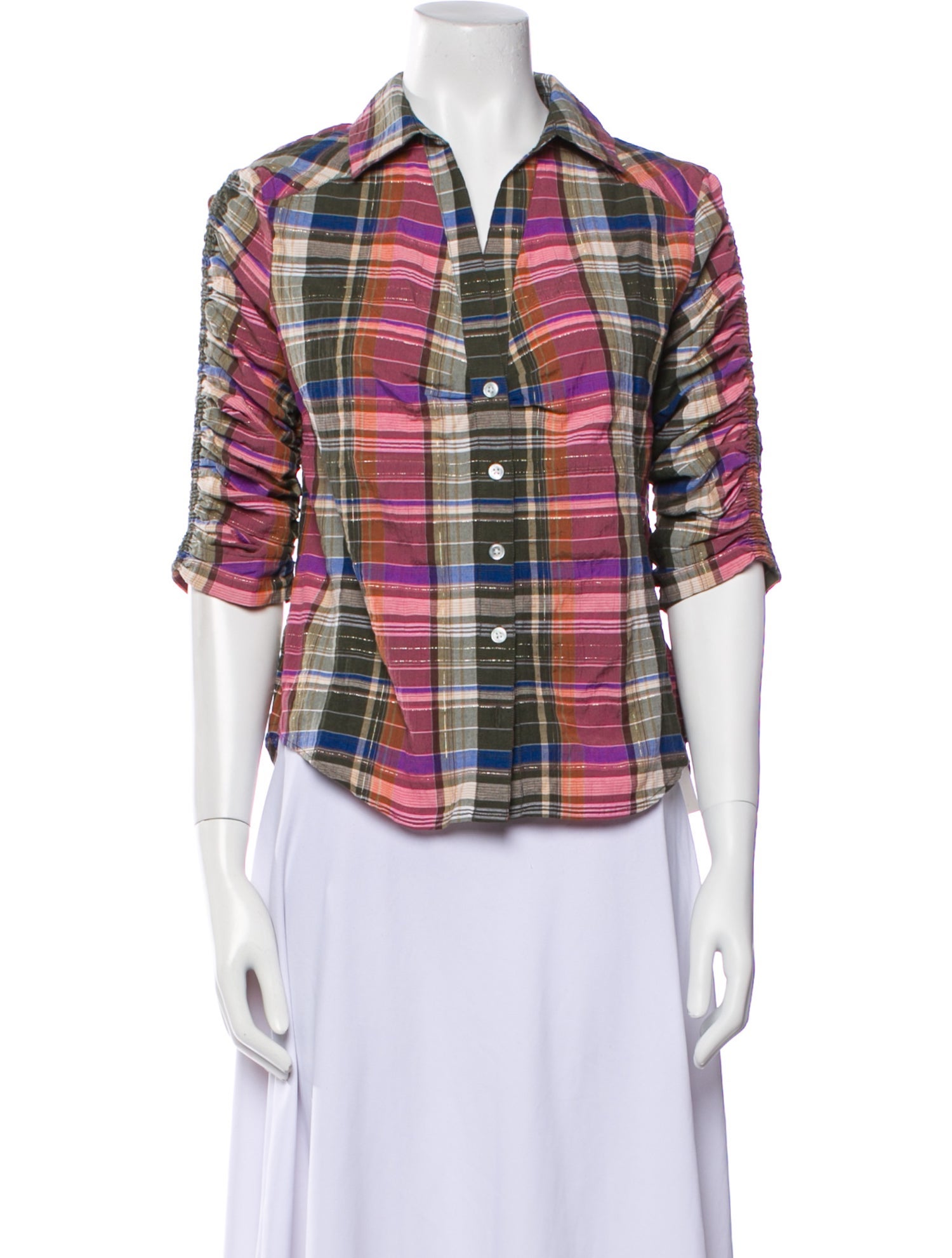 Veronica Beard Plaid Print Three-Quarter Sleeve Button-Up Top w/ Tags